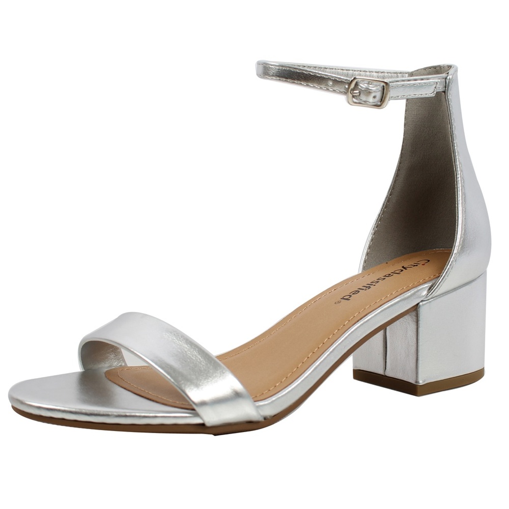 Silver Open Toe Ankle Strap Mid Block Heel Sandal